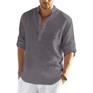 Men's Cotton Linen Henley Shirt Long Sleeve Casual Beach T Shirts Dark Gray